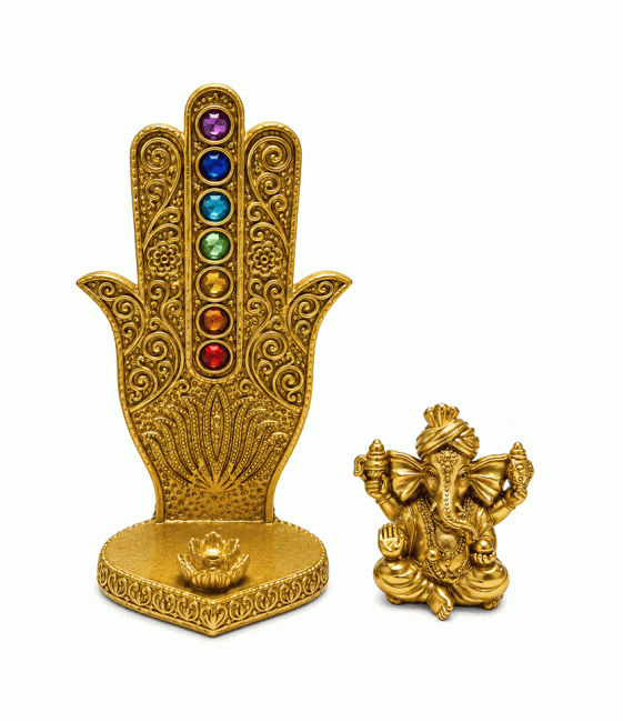 Weihrauch bei Räucherstäbchenhalter Hand der Fatima Ganesha 7 Chakren Golden aus Harz 16 cm|de