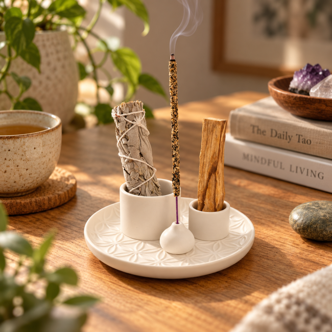 Weihrauch bei Schwarzer Räucherstäbchenhalter aus Keramik, Blumen des Lebens, für Palo Santo und weißen Salbei, 13 cm|de