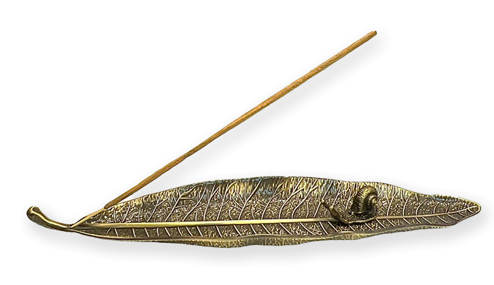 Metall-Räucherstäbchenhalter, Blattform mit bronzefarbener Schnecke, 25 cm