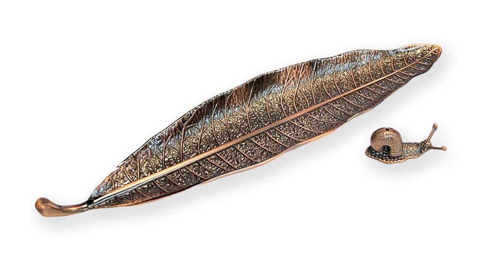 Räucherstäbchenhalter aus Metall, Blattform mit kupferfarbener Schnecke, 25 cm
