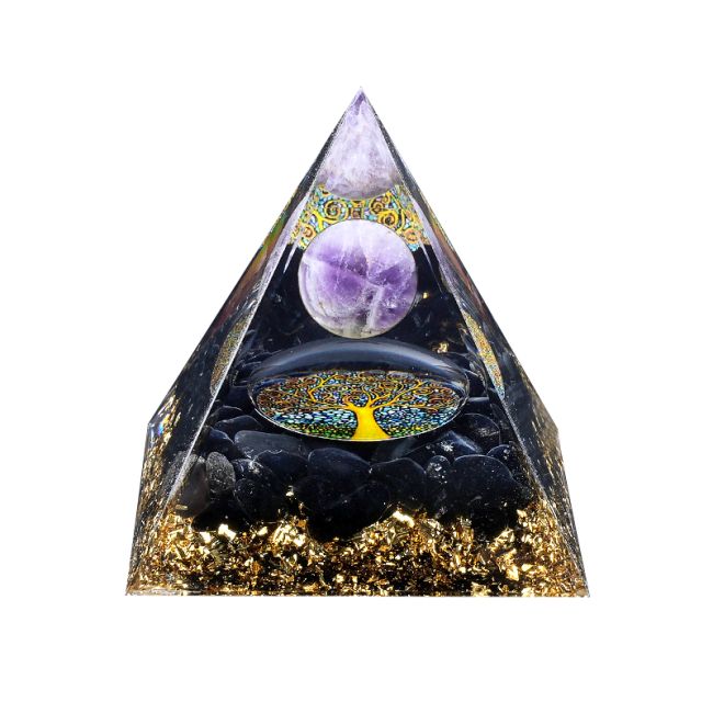 Orgonit-Pyramide Amethyst  &  schwarzer Obsidian Baum des Lebens