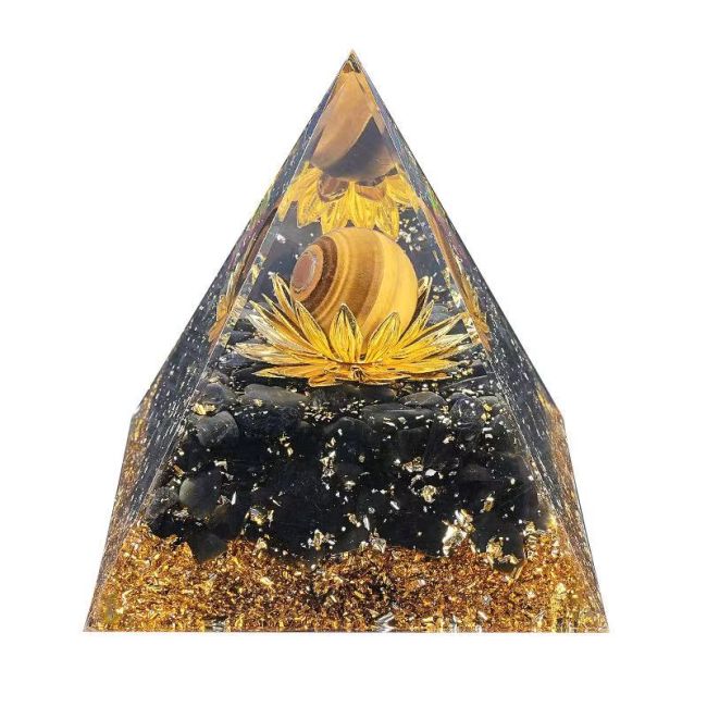 Orgonitpyramide mit Tigerauge und schwarzem Obsidian-Lotus, 8 cm
