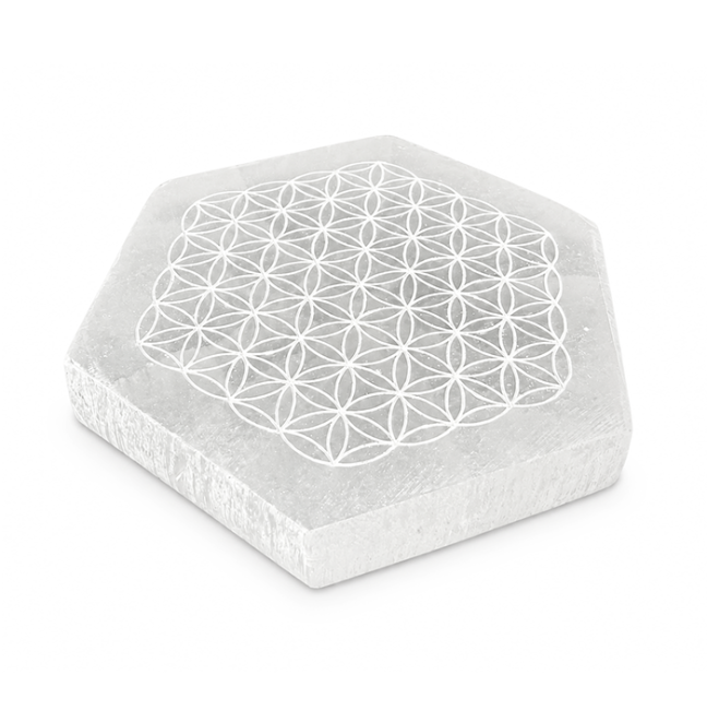 Sechseckige Selenit-Platte Blume des Lebens 11cm 125g