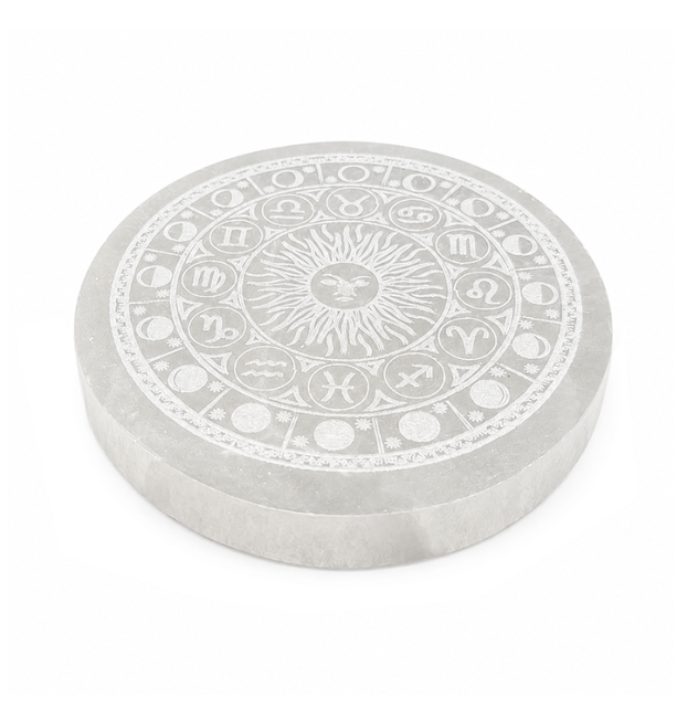 Runde Selenit-Platte Tierkreisrad 12cm 350g