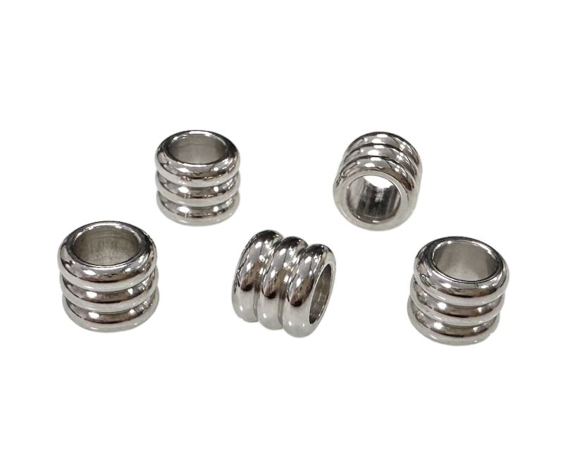 Silberfarbene, gewellte, zylinderförmige Spacer-Charm-Perlen aus Edelstahl, 8 mm x 50