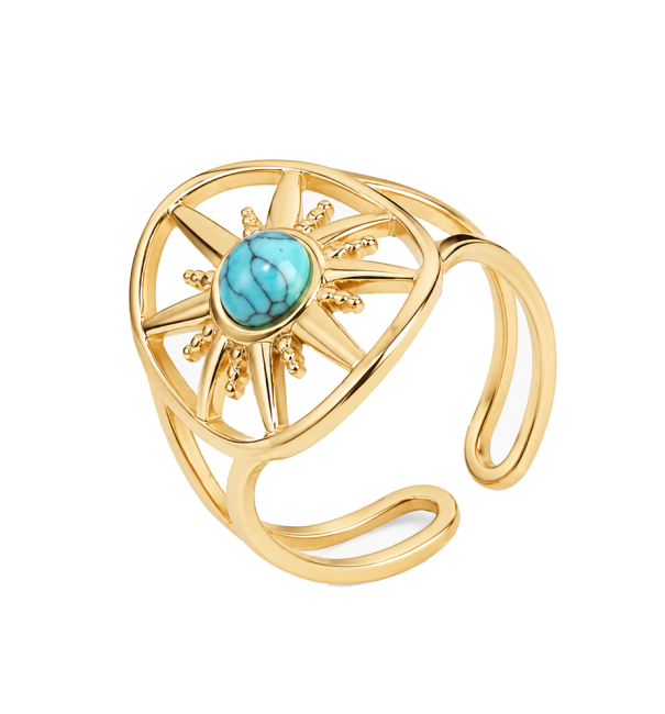 Weihrauch bei Verstellbarer goldener Edelstahlring mit Türkinit A und Sonnenmotiv