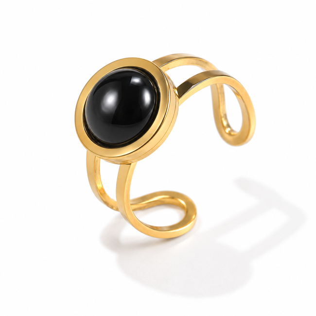 Runder, vergoldeter Edelstahlring mit schwarzem Obsidian