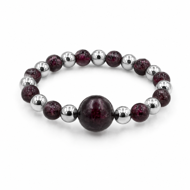 Silberner Perlenring mit rotem Granat