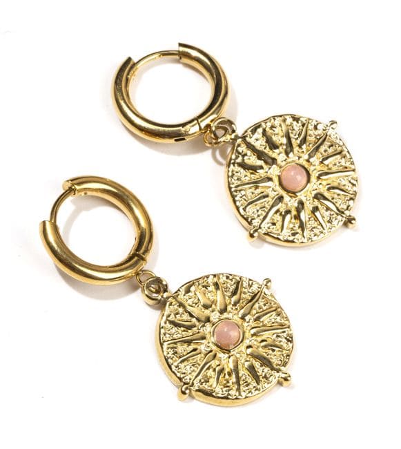 Gold-Edelstahl-Sonnenohrringe mit Rosenquarz A 39 mm
