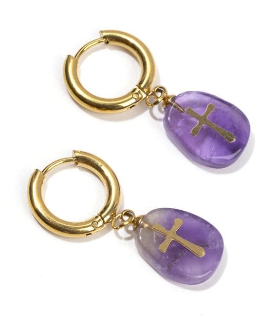 Goldohrringe aus Edelstahl, Amethyst A und Kreuz, 35 mm