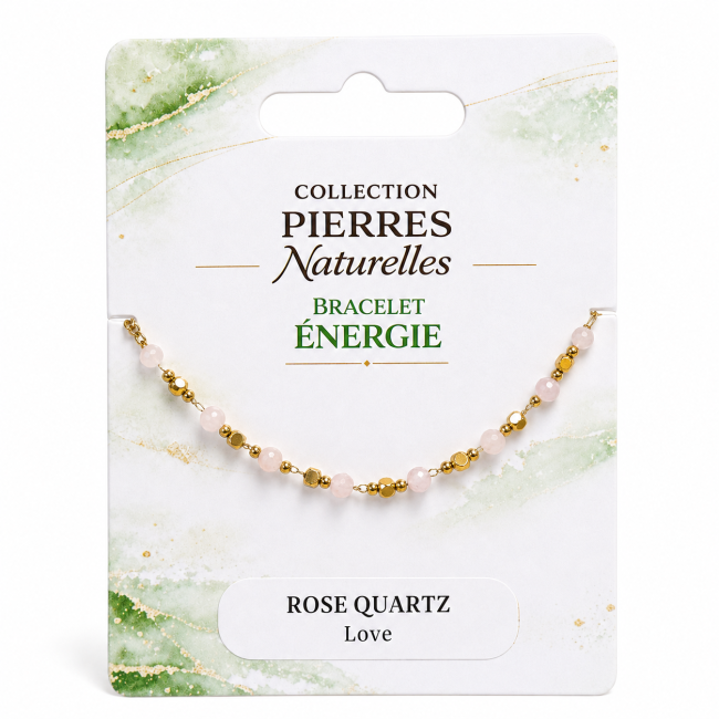 Energiearmband aus Rosenquarz AB – Goldfarbene Perlen