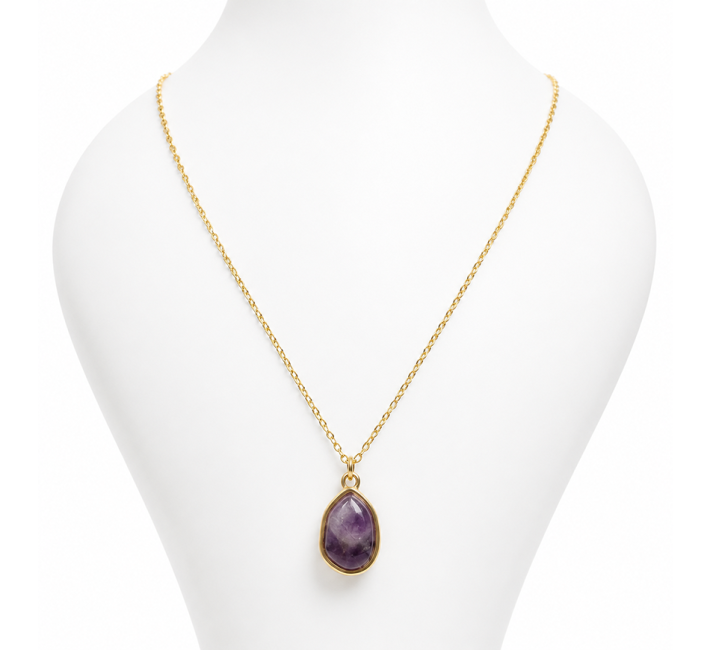 Goldene Edelstahlkette mit geometrischem Amethyst-AA-Anhänger 15mm