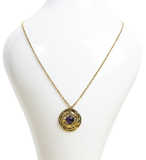 Gold-Edelstahl-Halskette mit rundem Amethyst-Anhänger A