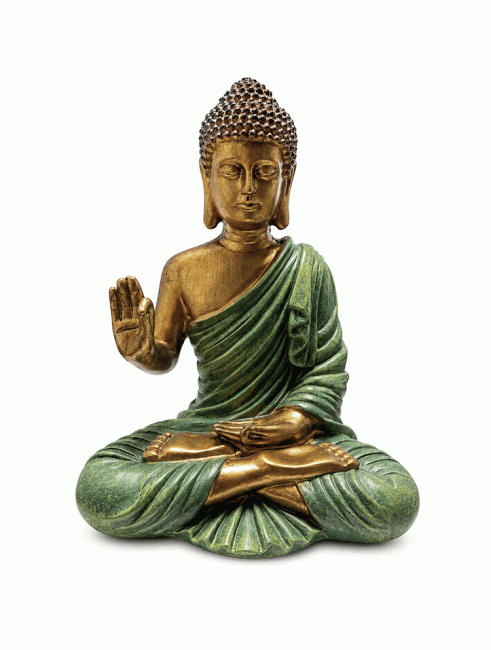 Weihrauch bei Buddha-Statue Abhaya Dunkelgrün und Gold aus Harz 23,5 cm