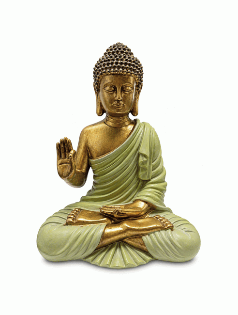 Weihrauch bei Buddha-Statue Abhaya Dunkelgrün und Gold aus Harz, 31 cm