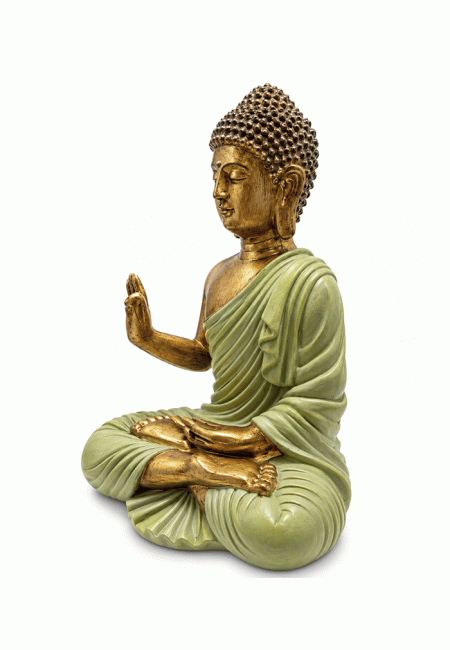 Weihrauch bei Buddha-Statue Abhaya Dunkelgrün und Gold aus Harz, 31 cm|de