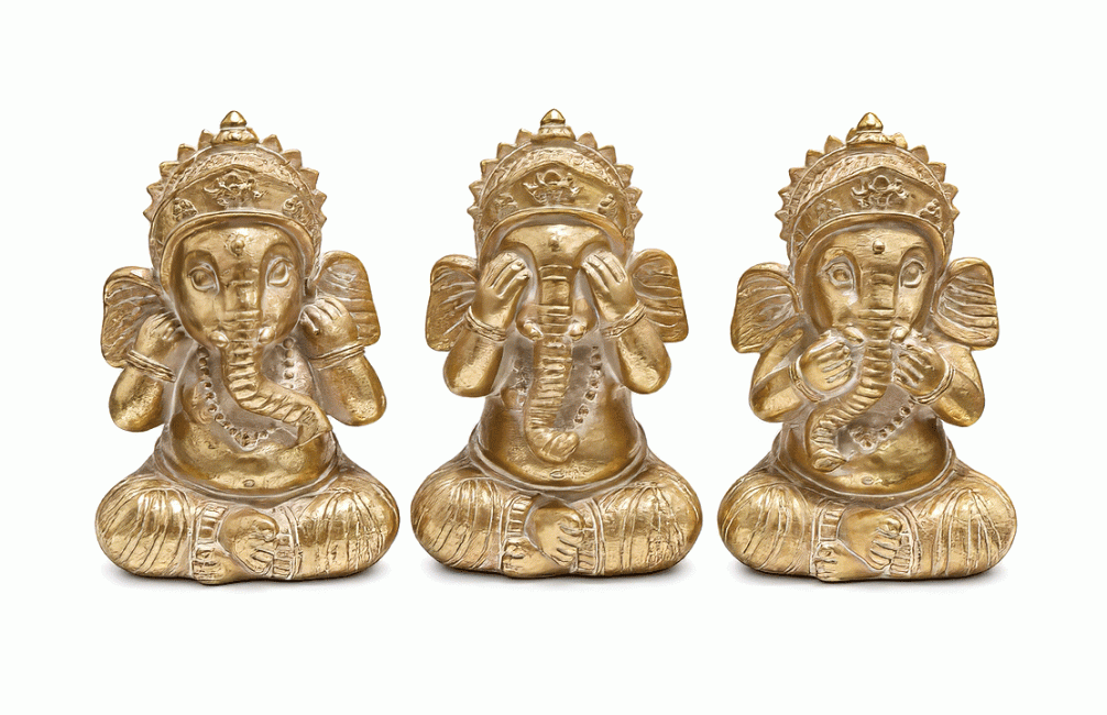 Weihrauch bei Set aus 3 goldenen Ganesha-Statuen der Weisheit aus Harz, 12 cm