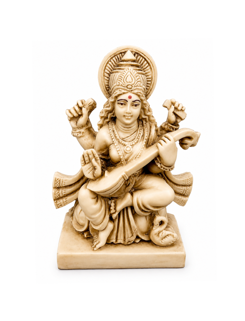 Weihrauch bei Saraswati-Göttin Figur aus Harz Elfenbeinfarben 11cm