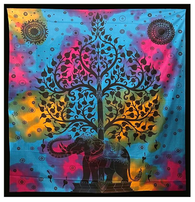 Baum des Lebens und Elefanten-Wandteppich, türkis, rosa, malvenfarben