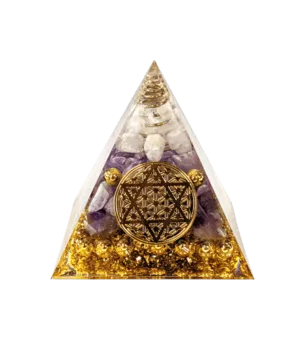Orgonit-Pyramide Bergkristall & Amethyst Blume des Lebens Pentagramm