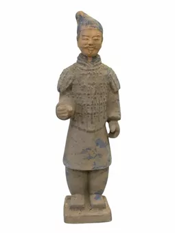 Antike bunte Terrakotta-Kriegerstatue, 26 cm