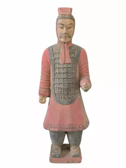 Antike bunte Terrakotta-Kriegerstatue mit Rüstung, 23 cm