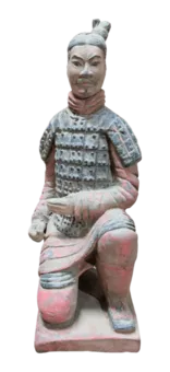 Bunte antike kniende Bogenschützenstatue aus Terrakotta, 22 cm