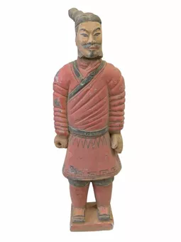Antike, farbenfrohe Terrakotta-Kriegerstatue, 26 cm