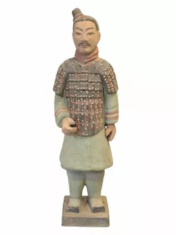 Antike bunte Terrakotta-Kriegerstatue, 35 cm