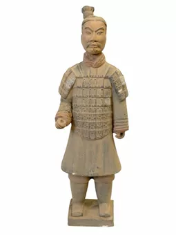 Antike bunte Terrakotta-Kriegerstatue, 36 cm