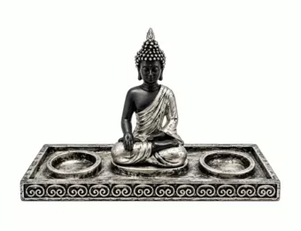 Kerzenhalter Meditierender Buddha Silbern und Schwarz aus Harz 22 cm