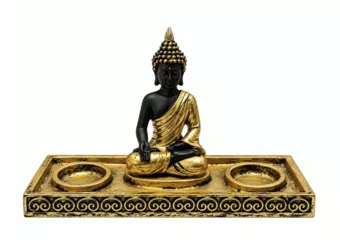 Kerzenhalter Buddha Meditation Gold und Schwarz aus Harz 22 cm
