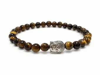 Tigerauge A Armband mit Silberfarbenem Buddha und Runden Perlen 6 mm