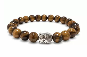 Tigerauge A Armband mit Silberfarbenem Buddha und Runden Perlen 8 mm