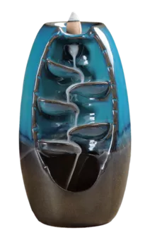 Rückfluss-Räucherstäbchenhalter, blau-braune Keramik-Blattkaskade, 20 cm