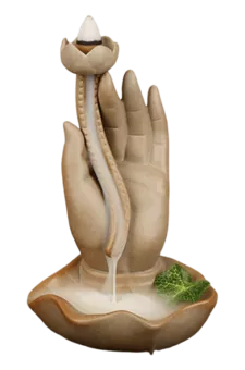 Rückfluss-Räucherstäbchenhalter beige Keramik Hand des Buddha – Lotus 16 cm