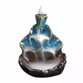 Rückfluss-Räucherstäbchenhalter aus Keramik Wasserfall blaue Lotusblätter 10 cm