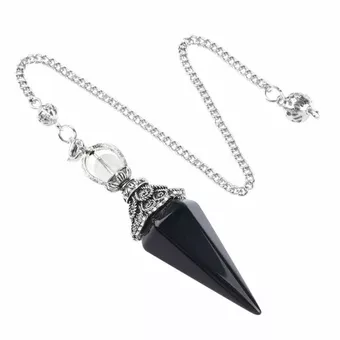 Pendel aus schwarzem Obsidian 6 Gesichter & Metall