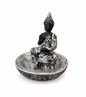 Räucherstäbchenhalter Buddha Abhaya Silbern aus Harz 10 cm