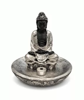 Buddha-Räucherstäbchenhalter Meditation Vergoldet aus Kunstharz 11 cm