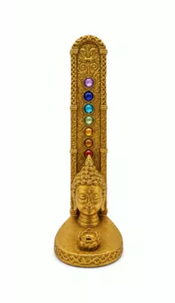 Räucherstäbchenhalter Buddha-Kopf 7 Chakren Vergoldet aus Harz 17 cm