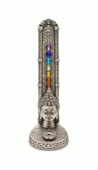 Räucherstäbchenhalter Buddha-Kopf 7 Chakren versilbert aus Harz 17 cm