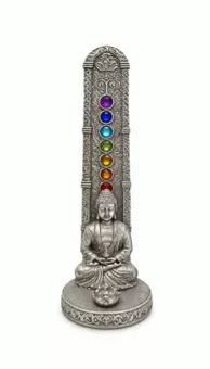 Räucherstäbchenhalter Buddha Meditation 7 Chakren Versilbert aus Harz 17 cm