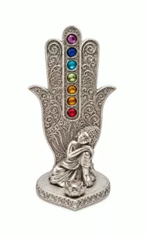 Räucherstäbchenhalter Hand der Fatima Buddha 7 Chakren Versilbert aus Harz 16 cm