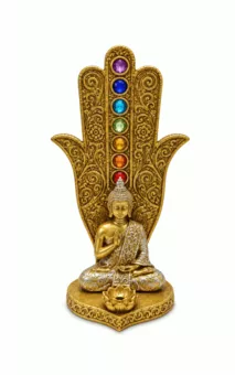 Räucherstäbchenhalter Hand der Fatima Buddha 7 Chakren Goldfarben aus Harz 16 cm