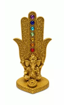 Räucherstäbchenhalter Hand der Fatima Ganesha 7 Chakren Golden aus Harz 16 cm