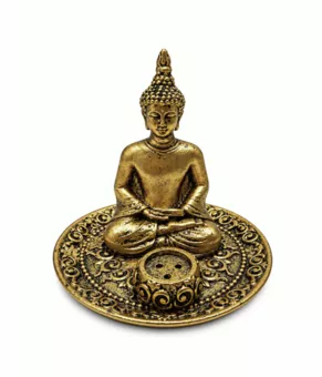 Buddha-Räucherstäbchenhalter Meditation Golden aus Harz 9 cm
