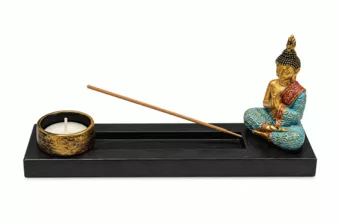 Räucherstäbchenhalter und Kerzenhalter Buddha Meditation Mehrfarbig aus Holz und Harz 24 cm