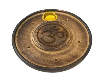 Gemeißelter runder Räucherstäbchenhalter aus Holz Om 10cm x10