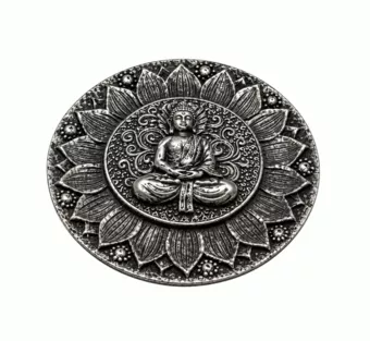 Runder Räucherstäbchenhalter Buddha Lotus Silberfarben aus Harz, 10 cm